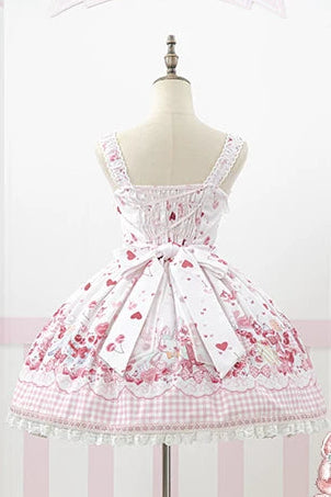 [Précommande jusqu'au 5 mai] Robe JSK à imprimé cerises roses, dentelle, ruban et tablier oreilles de lapin + accessoires