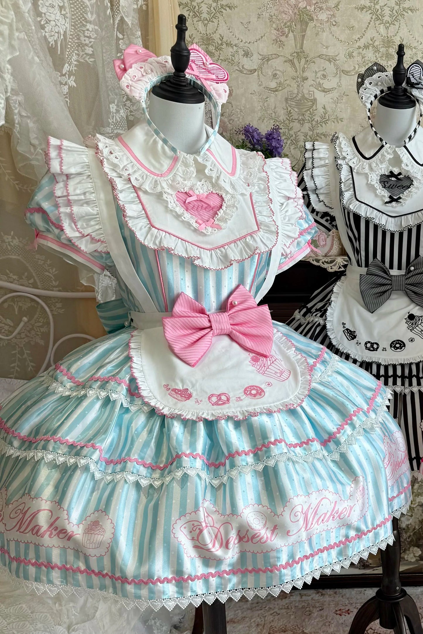 【6月18日予約締切】ピンク/ ブルー/ブラックスイートメイドロリータキャンディストライプティアードドレス＋ドレスセット1/2/3