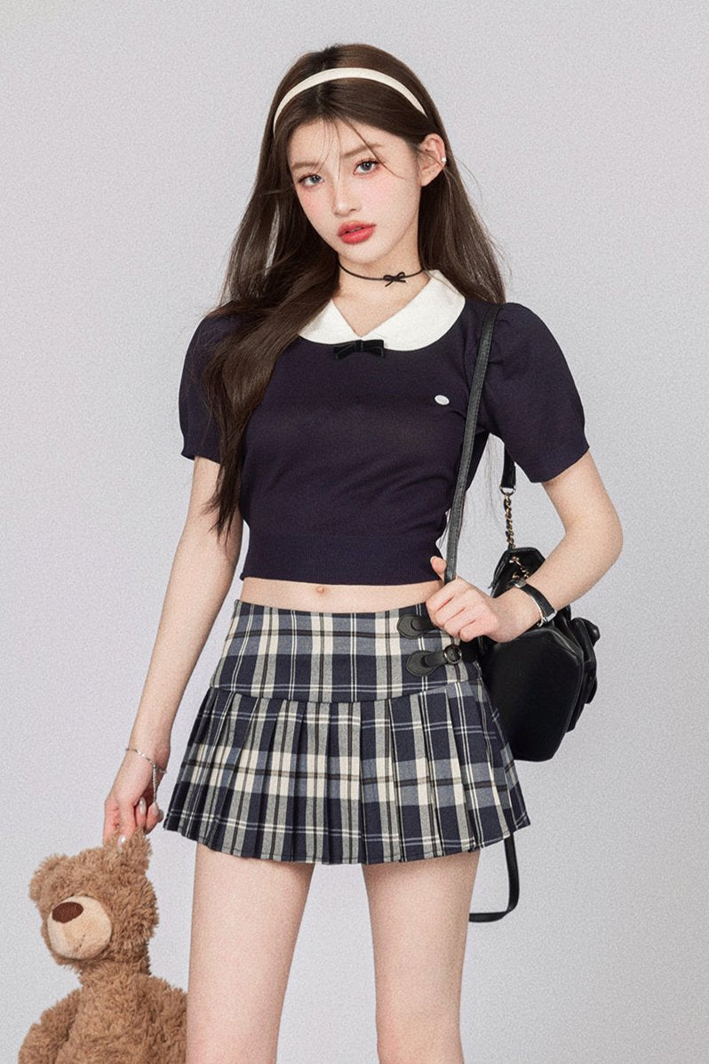 Niche Bell Collar Knit Top + Check Skirt