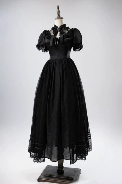 【11月2日予約締切】Born Nocturne Black Gothic Puff Sleeve Lace Layered Long Dress (with Bow Tie) + Embroidered Corset Belt + Detachable Oversized Bell Sleeves