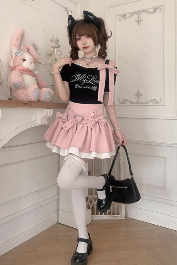 [Reservation product] Love Prelude Sweet Ribbon And Cross Top + Skirt