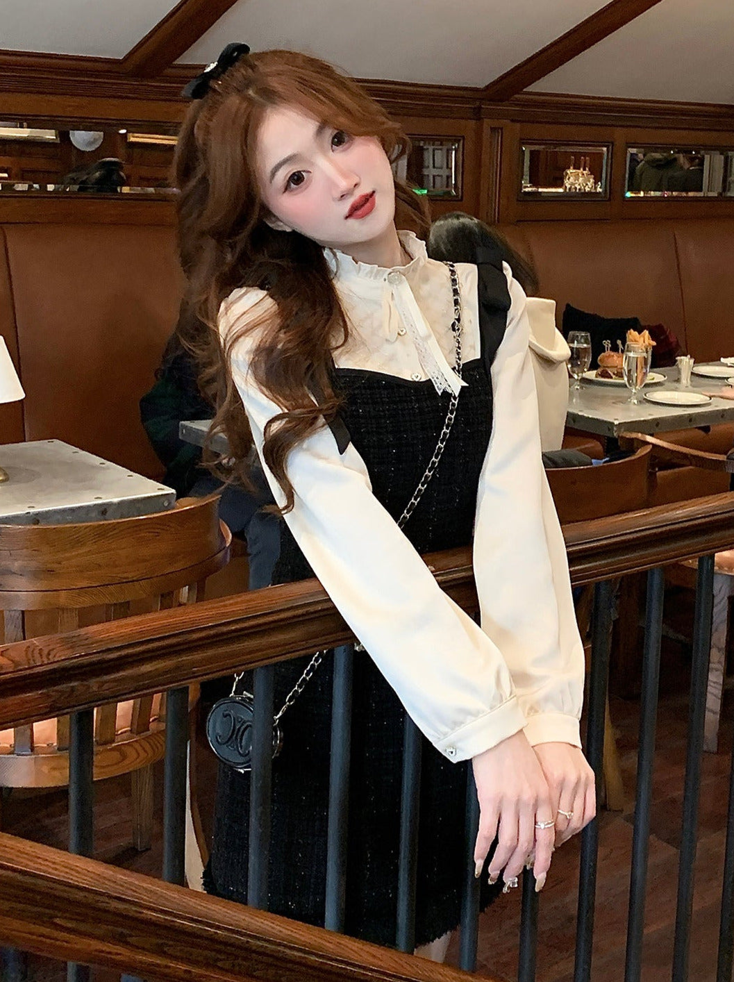 French Frill Stand Color Ribbon Shirt + Ribbon Shoulder Shiny Black Tweed Dress