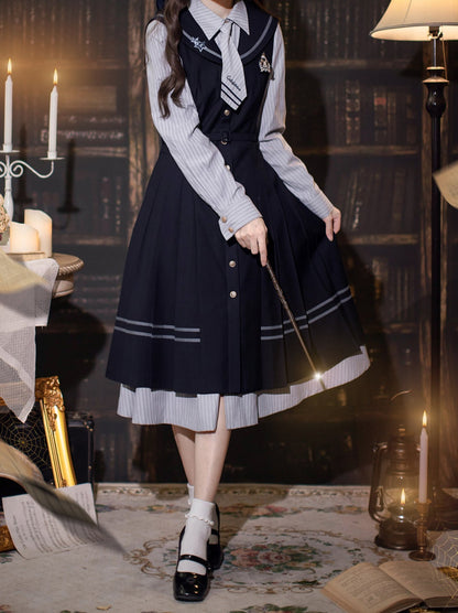 Magic Academy Retro Suit Navy Color Pleated Dress + Striped Shirt Dress + Tie + Badge