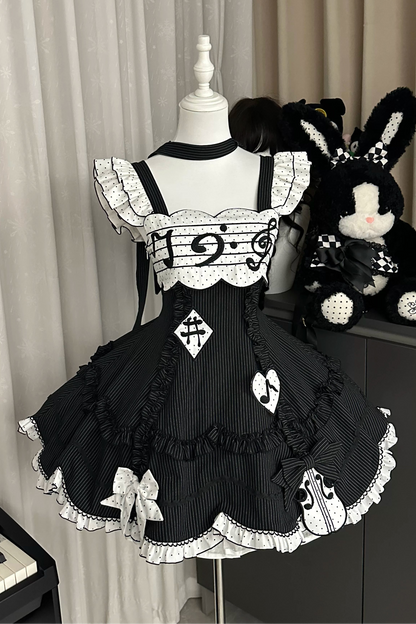 [Reservierungsschluss 15. August] Klassisches Piano-Lolita-JSK mit Rüschenträgern, Notenschleifen-Schürzenkleid-Set + Komplettset