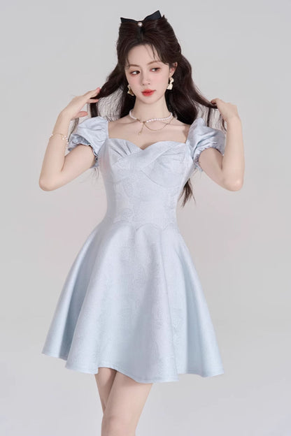 Blue Sweet French Puff Sleeve Dress