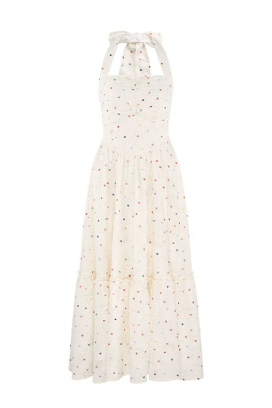 Robe midi à pois colorés + cardigan