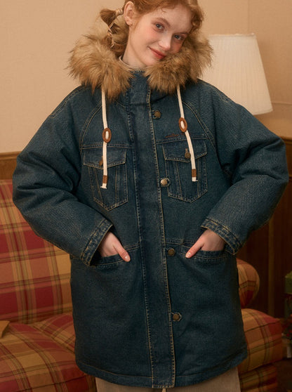 Retro Fur Hooded Denim Coat