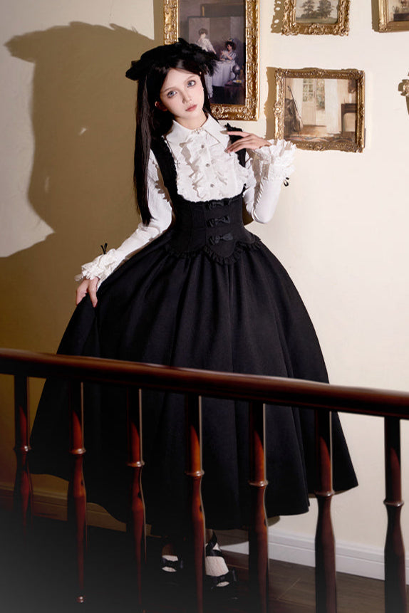 [Reservations] Dark Gothic Doll Long Suspender Lolita Skirt + Big Ribbon Tail + Ruffle Shirt + Ruffle Collar