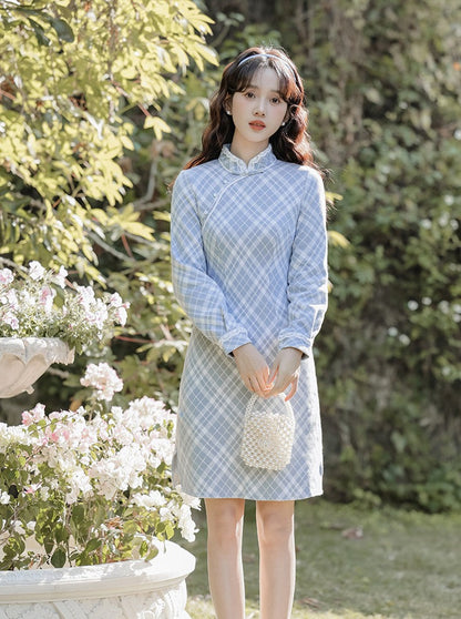 Retro China Girly Check Dress + Short Knit Cardigan