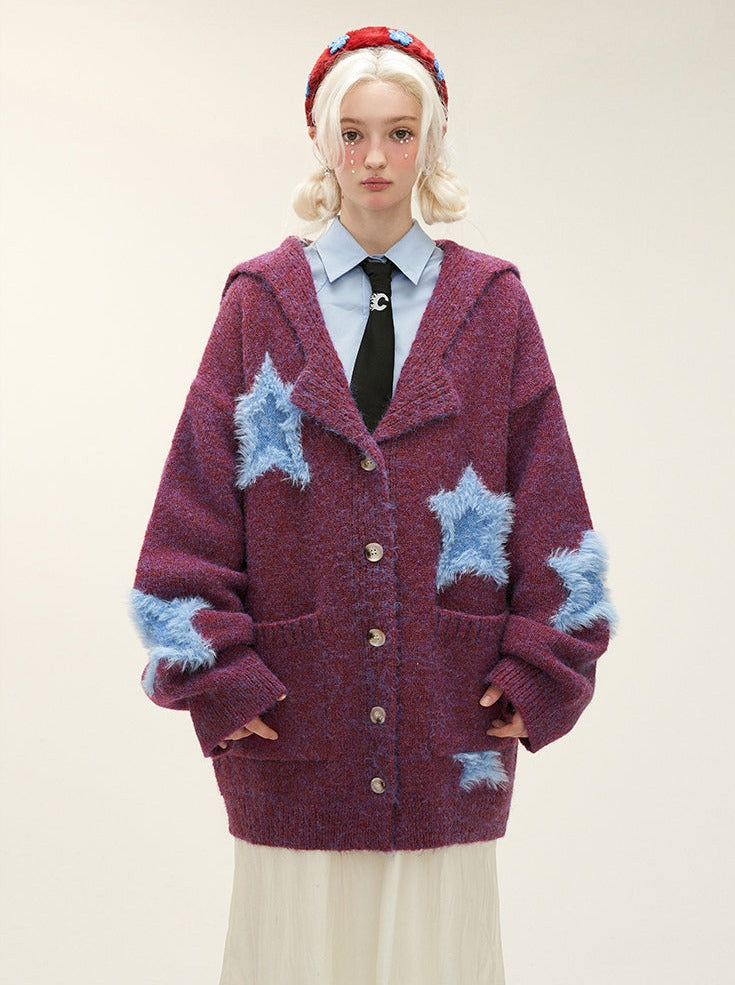 Dark Color Fur Star Design Loose Knit Cardigan