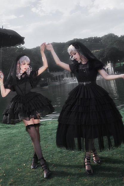 Dark Black Lolita Dress + Inner + Suspender Dress + Veil + Hairband + Belt + Sleeves