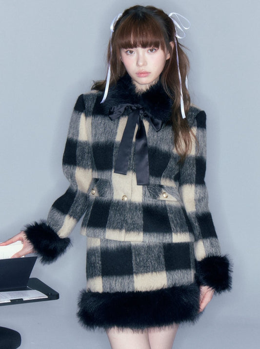 Check Fur Ribbon Coat + Fur Check Skirt