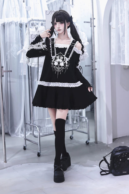 【9月15日予約締切】Dark Punk Gothic Rabbit Print Off Shoulder Long Sleeve Frill Lace Dress