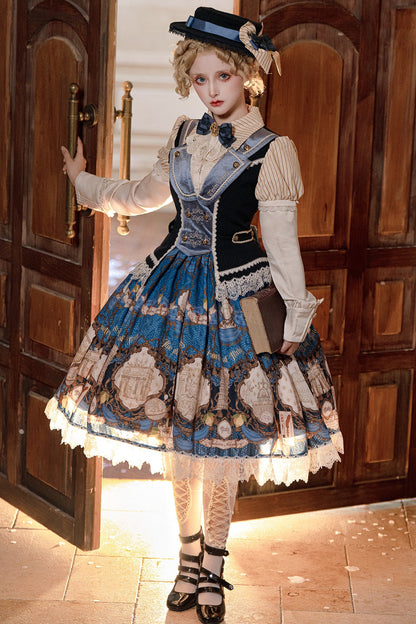 [Reservation Deadline: November 6] Navy Blue/Brown Classic Italian Travel Diary Lolita Stripe Puff Sleeve Bow Lace Vintage Print One-Piece Dress