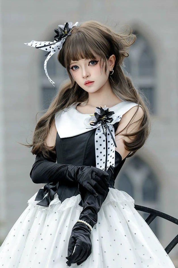 [Reservierungsfrist: 17. August] Accessoires der eleganten klassischen Lolita-Serie mit Polka Dots (schwarzer Hut mit Blumen-Schleifenclip floraler Brosche)