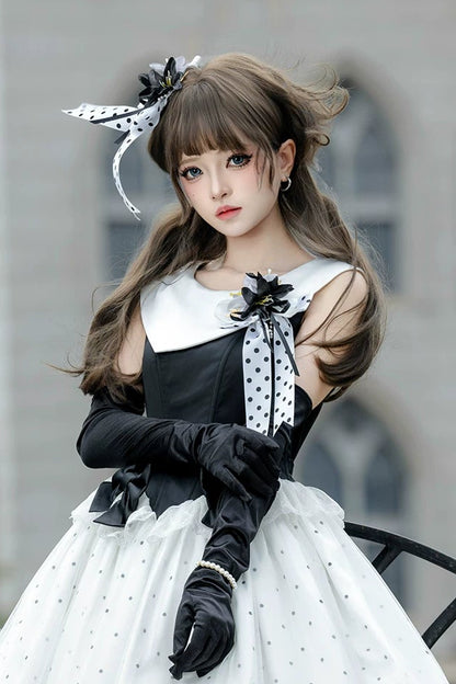 [Reservierungsfrist: 17. August] Accessoires der eleganten klassischen Lolita-Serie mit Polka Dots (schwarzer Hut mit Blumen-Schleifenclip floraler Brosche)