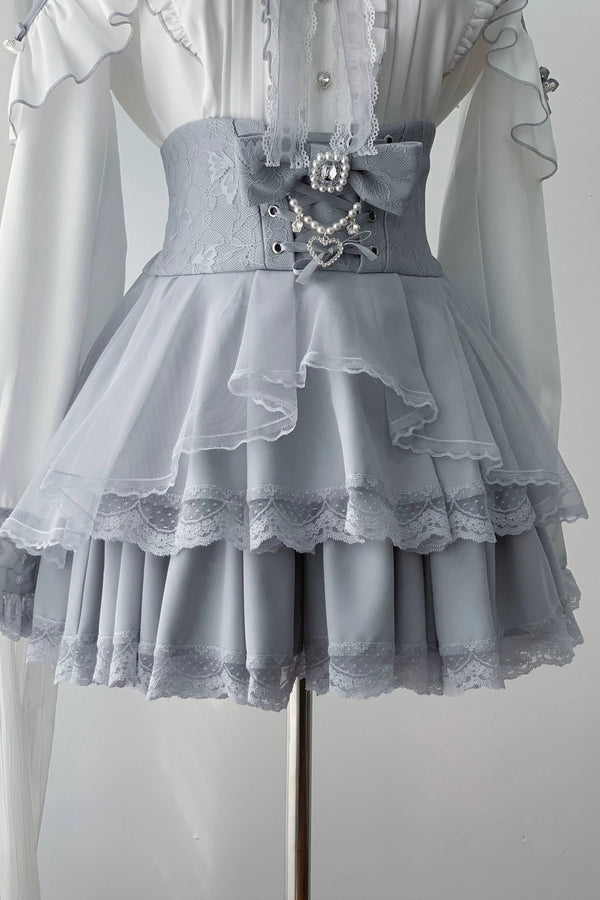 【11月15日予約締切】Light Blue Lace Collar Frill Shirt + Pearl Bow Layered Lace Skirt + Rhinestone Ribbon Tie