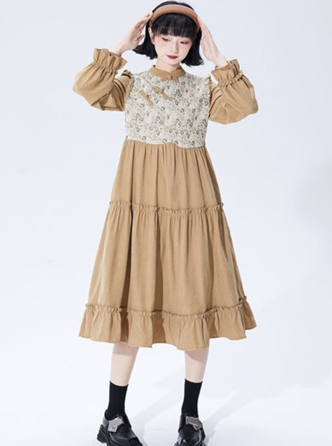 Lace-up China Ruffle Flared Dress