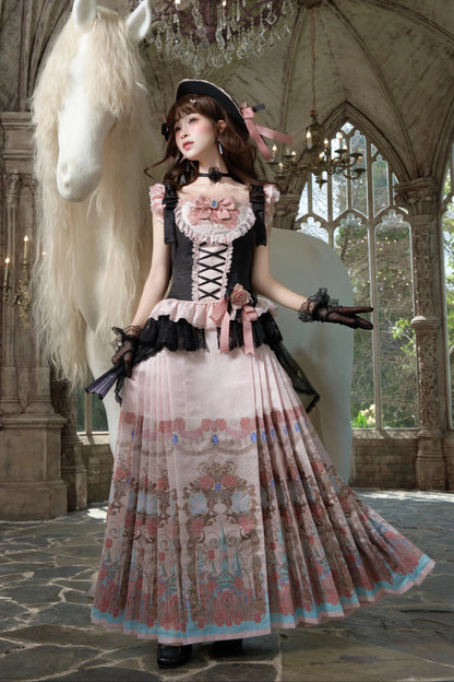 【10月10日予約締切】Black Pink Romantic Rose Castle Classic Lolita Bustier Top Castle Print Pleated Skirt Set-up + Complete Set(Rose Ribbon Lace Hat + Ribbon Hair Clip Included)