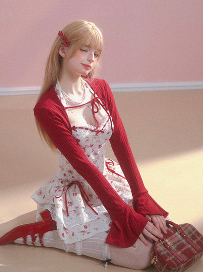 Red Cardigan + Flower Top + Cake Skirt