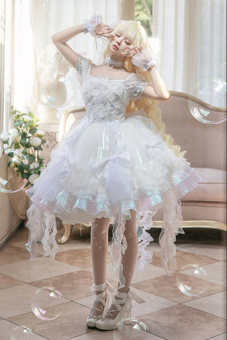 [Reservierungsschluss 1. August] Blau/Weiß/Lila Quallen-Feen-Lolita-Kleid mit Schleifen und Aurora-Schleppe