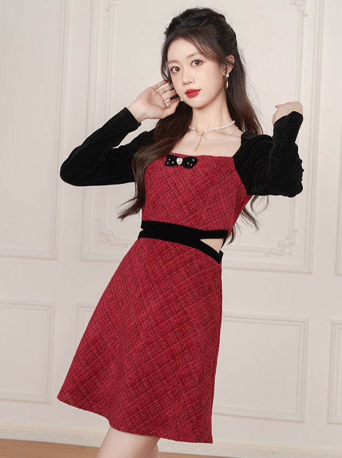 French Red Splicing Square Neck Waist Waist Design Dress