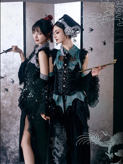 Chinese Gothic Subculture Fishtail Skirt + Top + Waist Corset