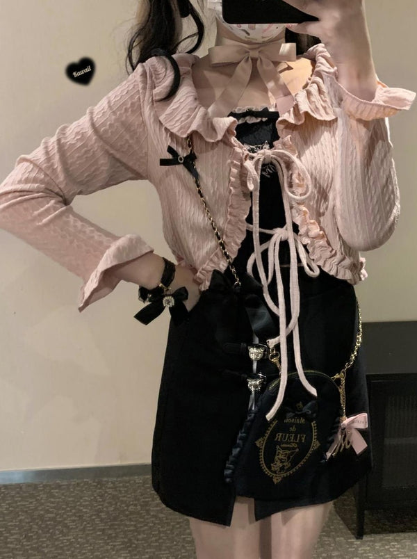 ソルティクリーム レースアップリボンツイストカーディガン