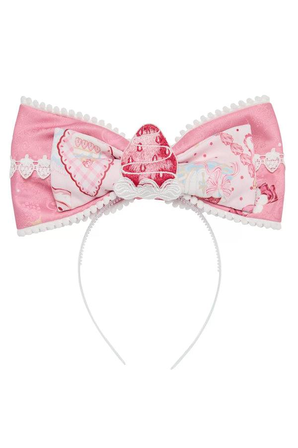 【10月21日予約締切】Pink/Blue Lamb Ear Headband With Detachable Ribbon + Strawberry Embroidered Ribbon KC