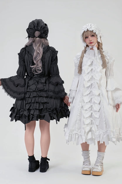[November 15 Reservation Deadline] Black Gothic Doll-Style Front-And-Back Two-Way Ruffle Ribbon Lolita Dress (Short/Long) + Matching Shorts (Short/Long) + BB Hat