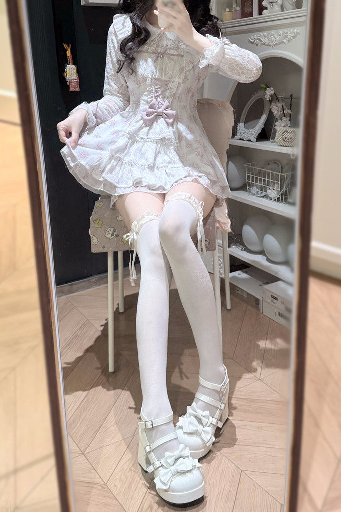 【10月28日予約締切】Pink/White/Black/White 4-Piece Set: Floral Tiered Lace Long-Sleeve Dress + Shorts + Pair of Ribbon Hair Clips + Bow Tie