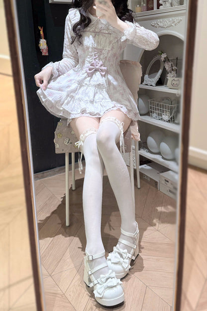 【10月28日予約締切】Pink/White/Black/White 4-Piece Set: Floral Tiered Lace Long-Sleeve Dress + Shorts + Pair of Ribbon Hair Clips + Bow Tie