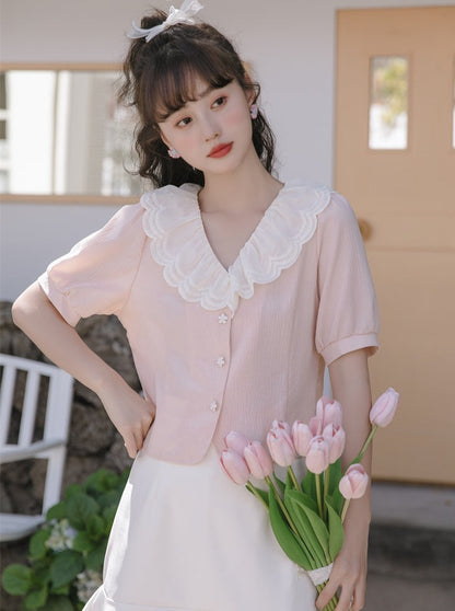 Puff sleeves French lace color shirt