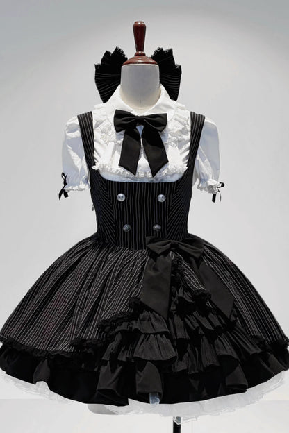 [Scadenza prenotazione 4 giugno] Blusa bianca con volant, jabot e fiocco gotico + completo con abito scamiciato a righe nere e fiocco + cerchietto con fiocco