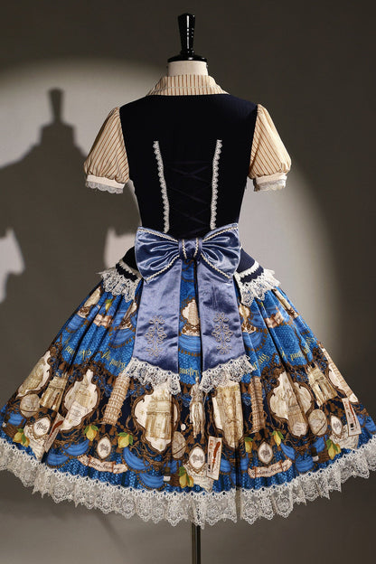 [11/6 Reservation Deadline] Navy Blue/Brown Classic Italian Travel Diary Lolita Series Accessories (Lace Ribbon Mini Hat / Pair of Striped Hair Clips / Brooch / Jabot-Style Bow Tie / Necktie with Metal Brooch / Embroidered Back Ribbon Train)