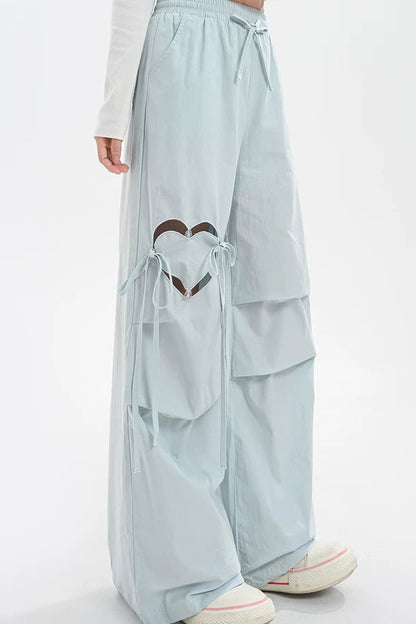 ハートワンポイントリボンハイウエストワイドレッグパンツ