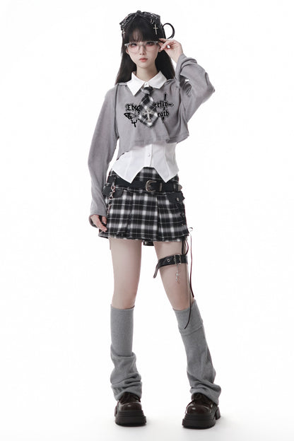 Y2K hooded short top + sleeveless shirt with tie + check culottes