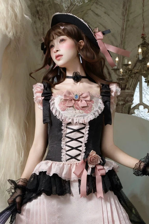 【10月10日予約締切】Black Pink Romantic Rose Castle Classic Lolita Series Accessories(Rose Ribbon Lace Hat + Ribbon Hair Clip)