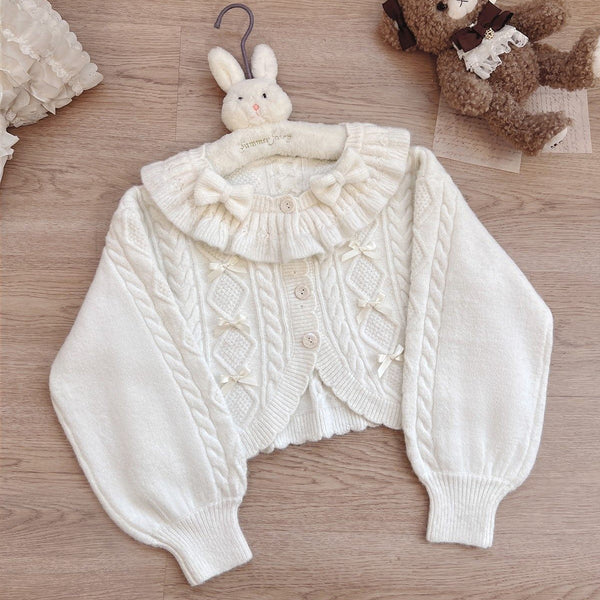 Ruffle Ribbon Lantern Sleeve Knit Cardigan