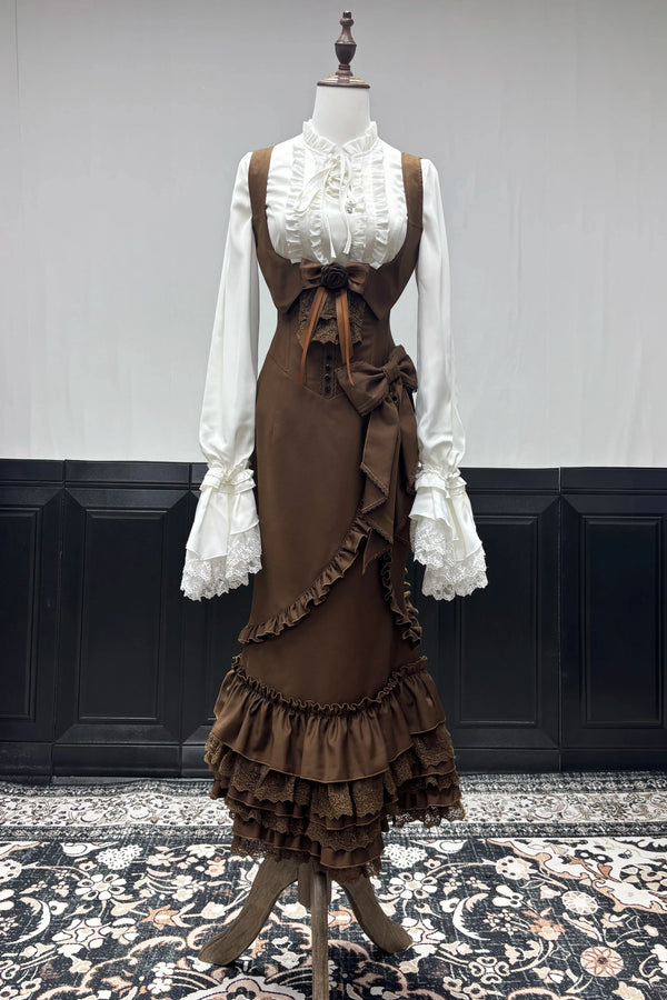 [Pre-order Deadline: November 6] Gothic Lolita White Lace-Up Frill Shirt + Asymmetrical Frill Lace Bow Mermaid Skirt Set