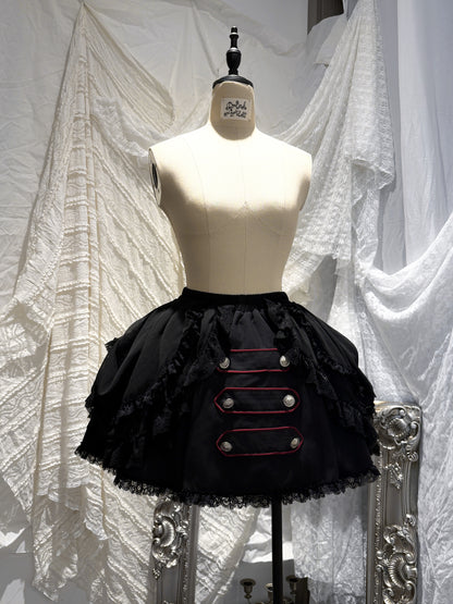 Original from Jiuyu Market: Black and Red Plaid Puff-Sleeve Knit Top with Military-Style Mesh Cake Skirt Set