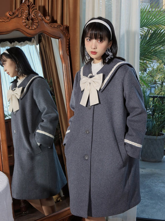 Gray wool ribbon long coat