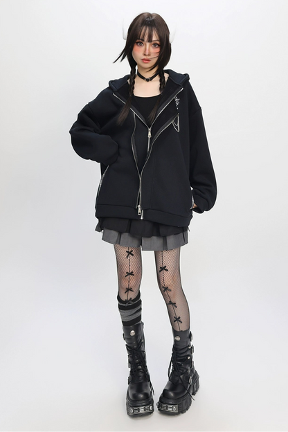 キャットフリースダブルジッパーフードパーカー