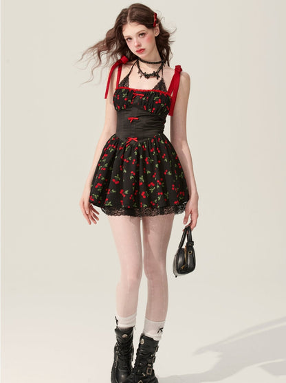 [31 mai à 20 heures] less eye small cherry black floral halterneck dress women's summer puffy skirt