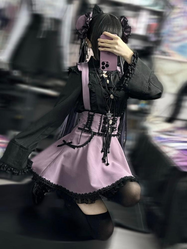 Frilled Lace-up High Waist Suspender Skirt