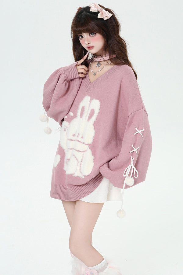 Balloon Sleeve Strap Knit Sweater