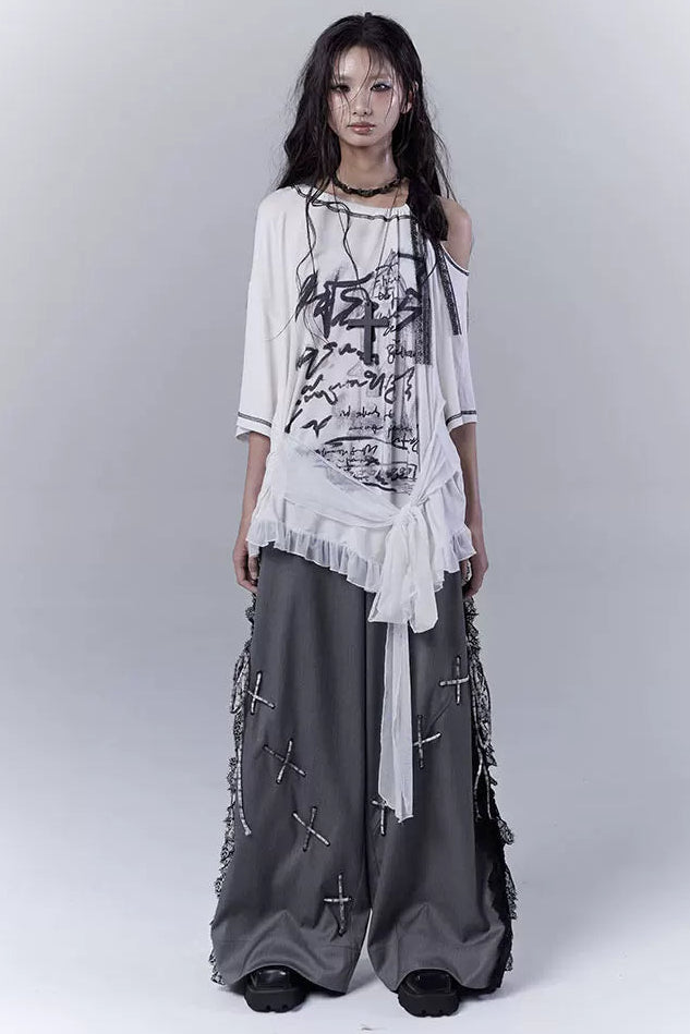 ダークバイカラーシークレットレースパッチワークパンツ