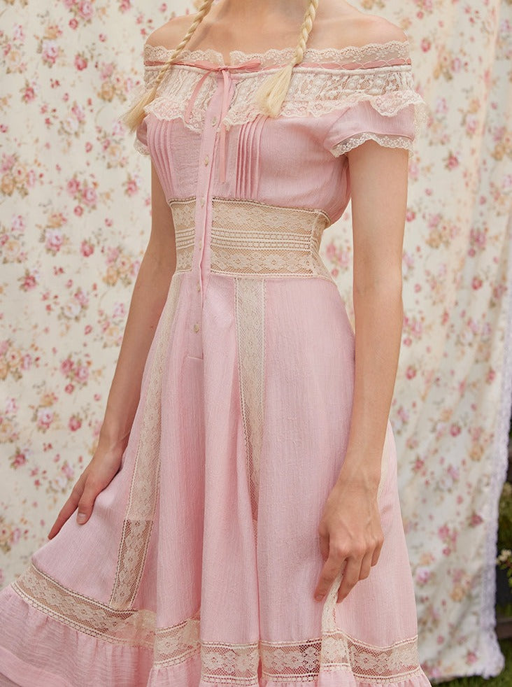 Pink Kite French One Shoulder Lace Dress