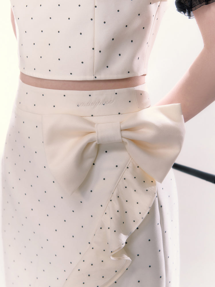 Silk Dot China Puff Sleeve Top + Ruffle Slit Long Skirt