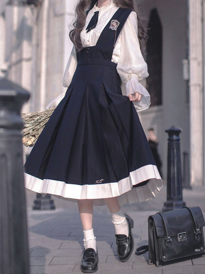 College Style Retro Elegant Ruffle Chiffon Blouse + Cyan Dress + Beret + Emblem + Tie